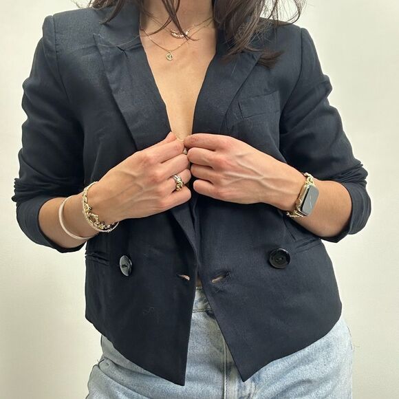 Jason Wu Blue Linen Double Breast Cropped Blazer Size M - Picture 7 of 11